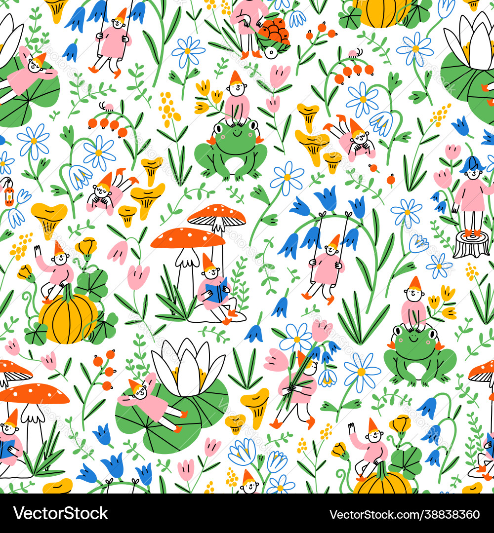 Garden Gnomes & Floral Fantasy Vector Image