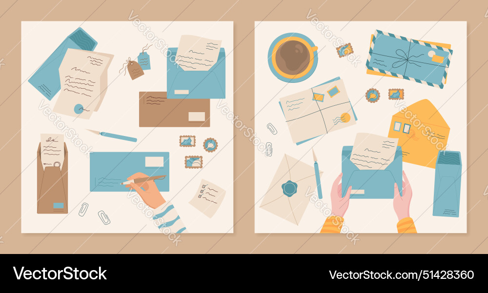Hands write and hold mail template set Hands write and hold mail template set Vector Image
