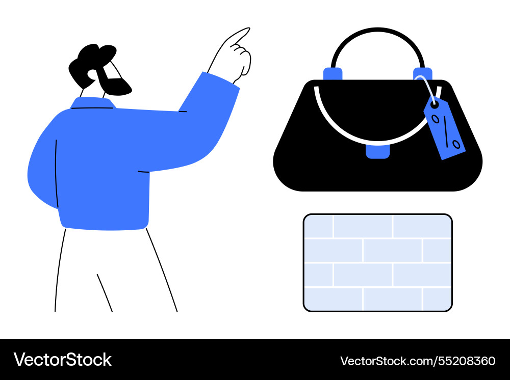 Man pointing towards a handbag with price tag Man pointing towards a handbag with price tag vector image