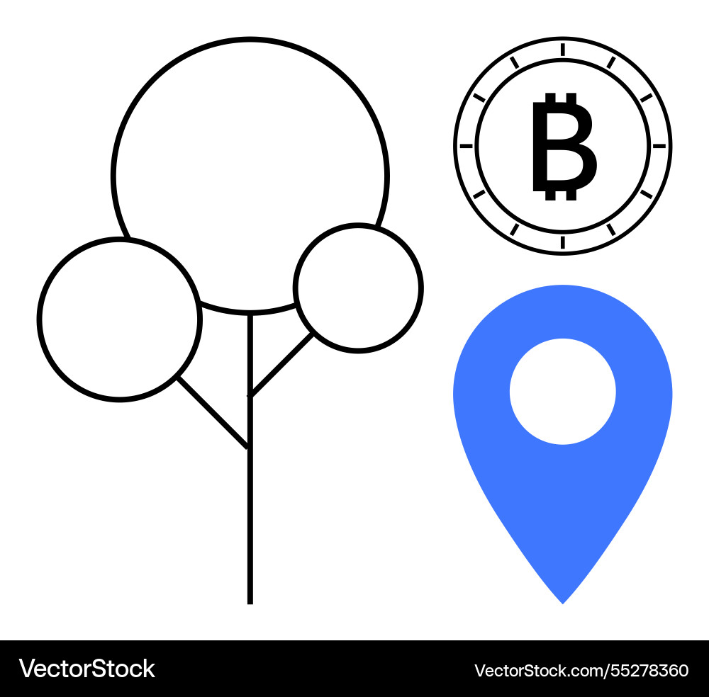Minimalistic tree bitcoin symbol blue location Minimalistic tree bitcoin symbol blue location vector image