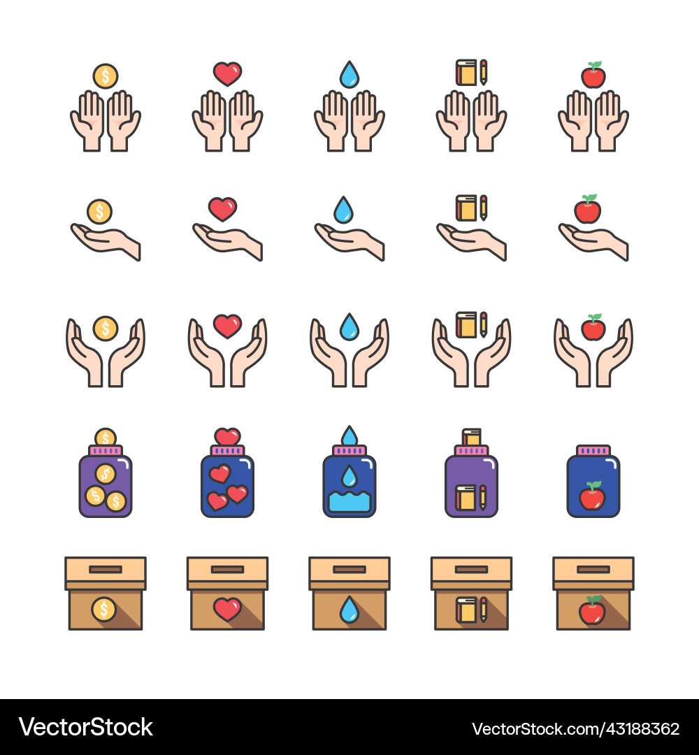 Donate and charity flat icons sethelping hand Donate and charity flat icons sethelping hand vector image