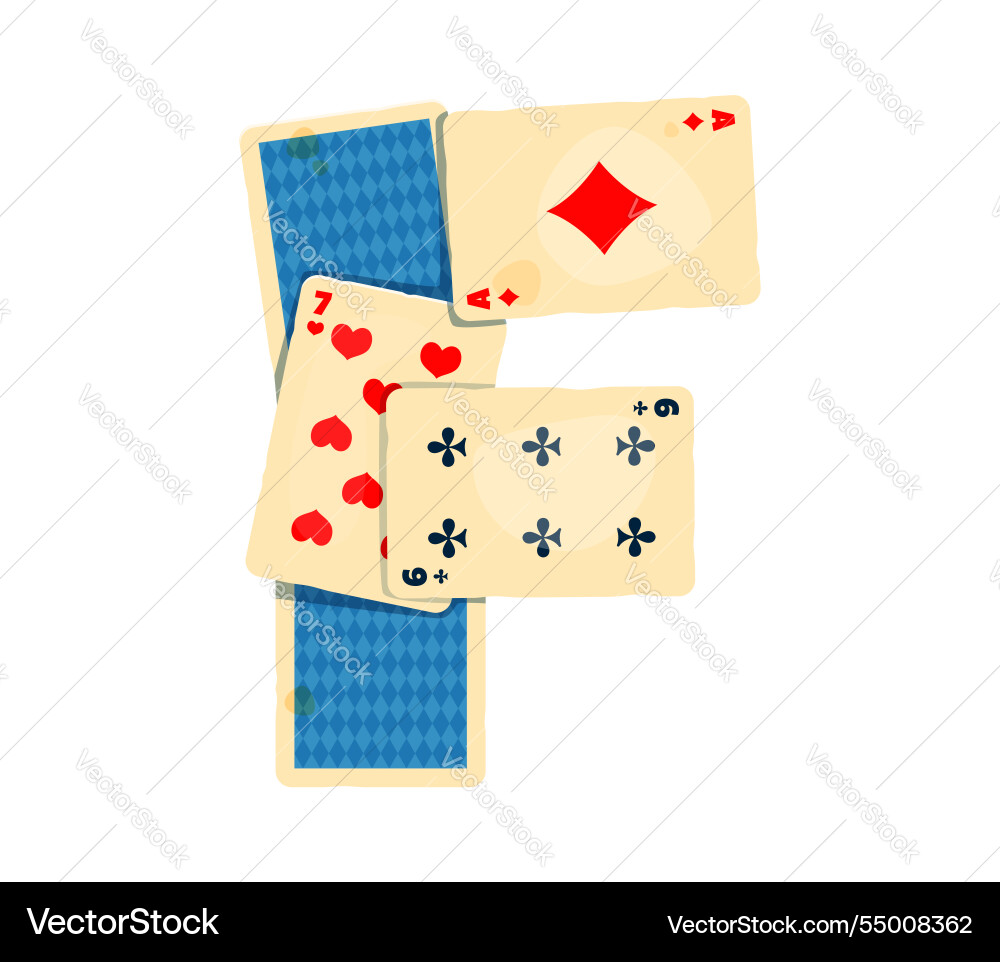 Playing cards arranged to form cartoon letter f Playing cards arranged to form cartoon letter f vector image