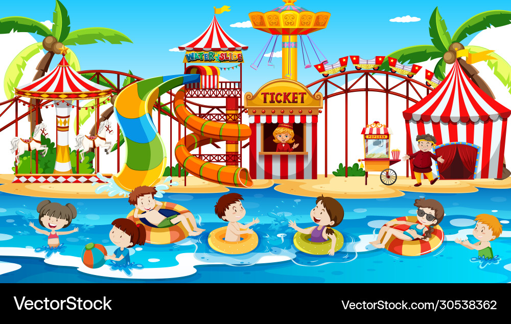 Szene mit Kindern schwimmen im Wasserpark Szene mit Kindern schwimmen im Wasserpark vektorbild