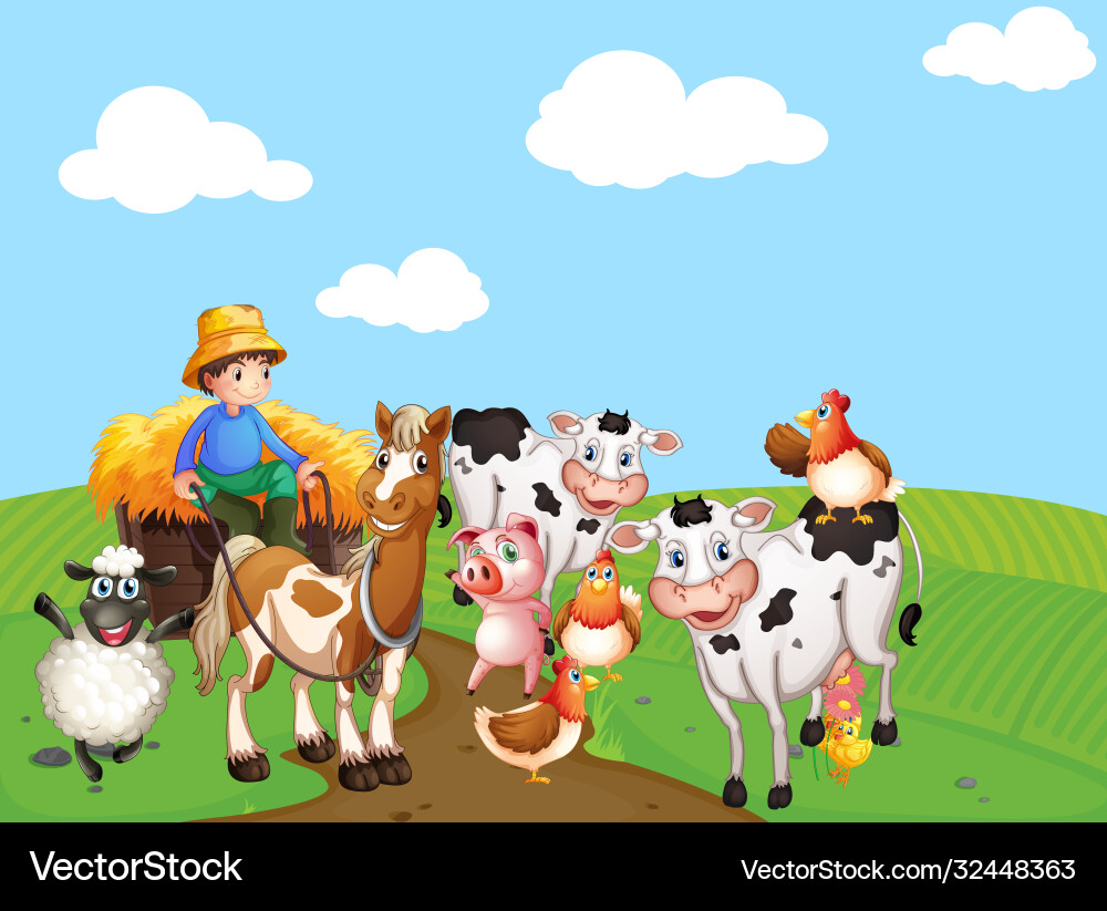 Farm scene with animal cartoon style vector image