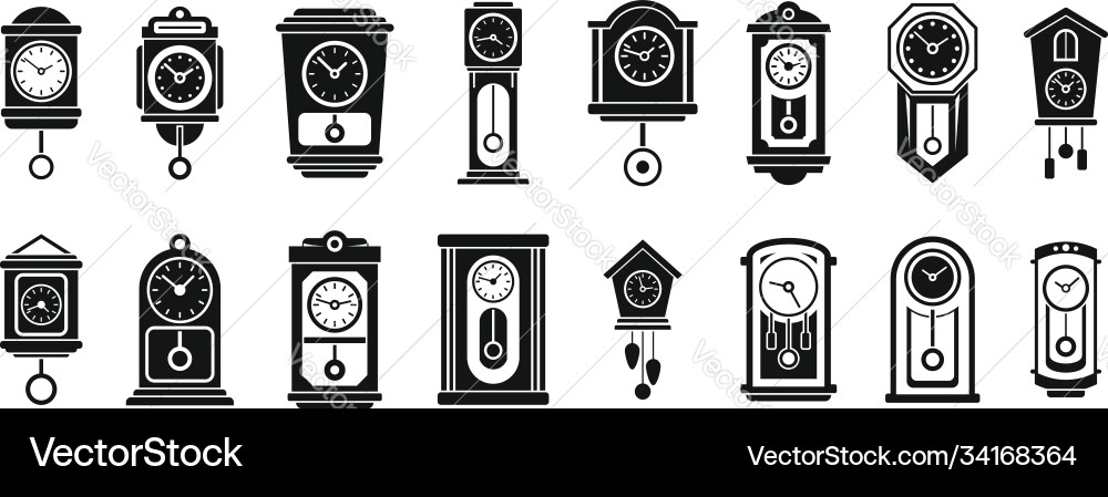 Wall pendulum clock icons set simple style Wall pendulum clock icons set simple style vector image