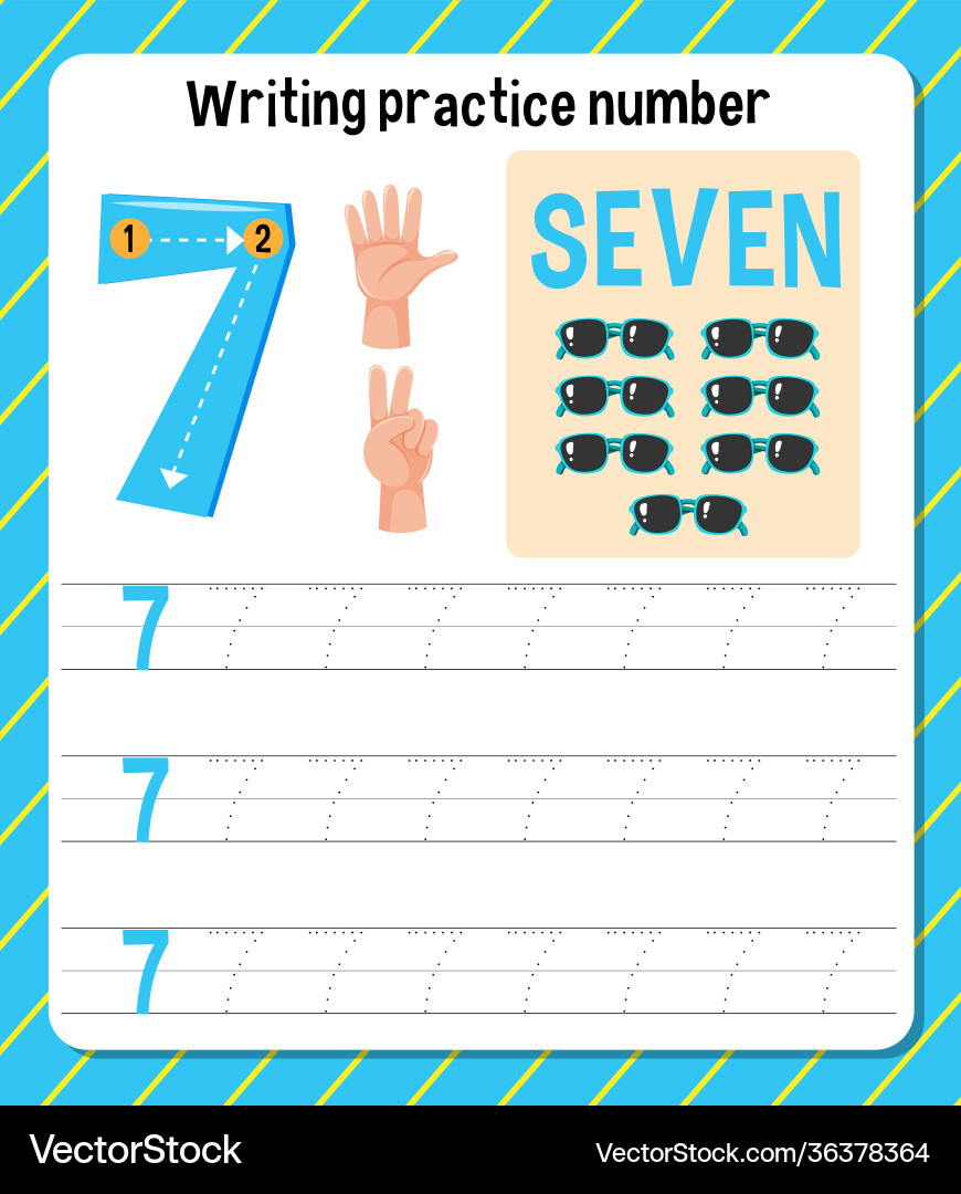 Writing practice number 7 worksheet Writing practice number 7 worksheet vector image