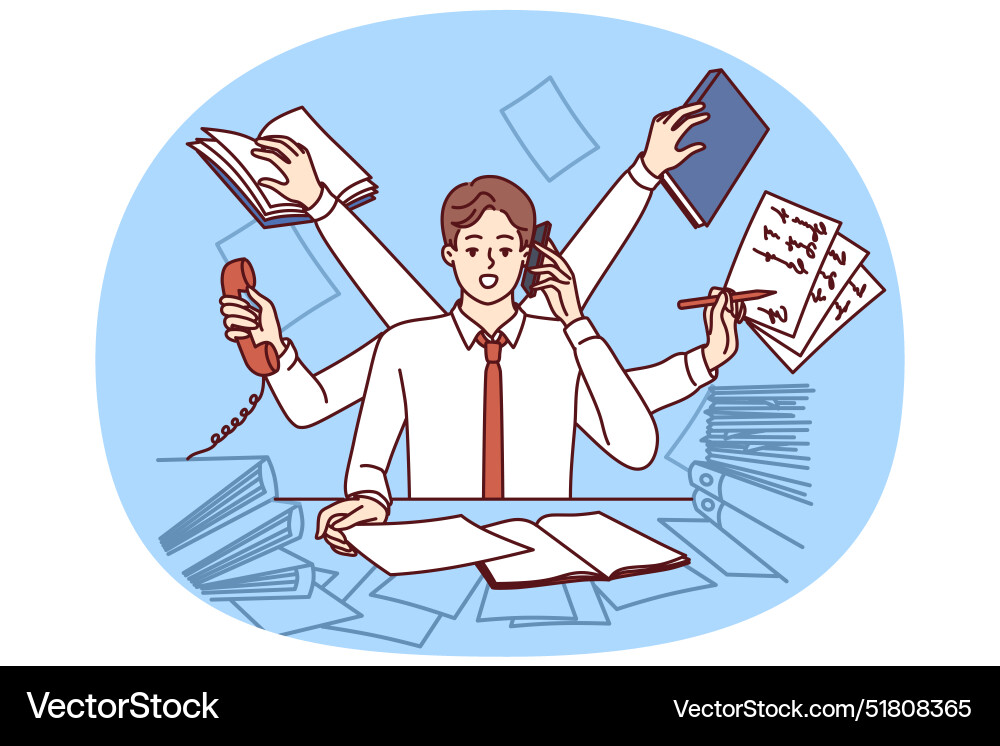 Multi-armed man multitasking with documents vector image