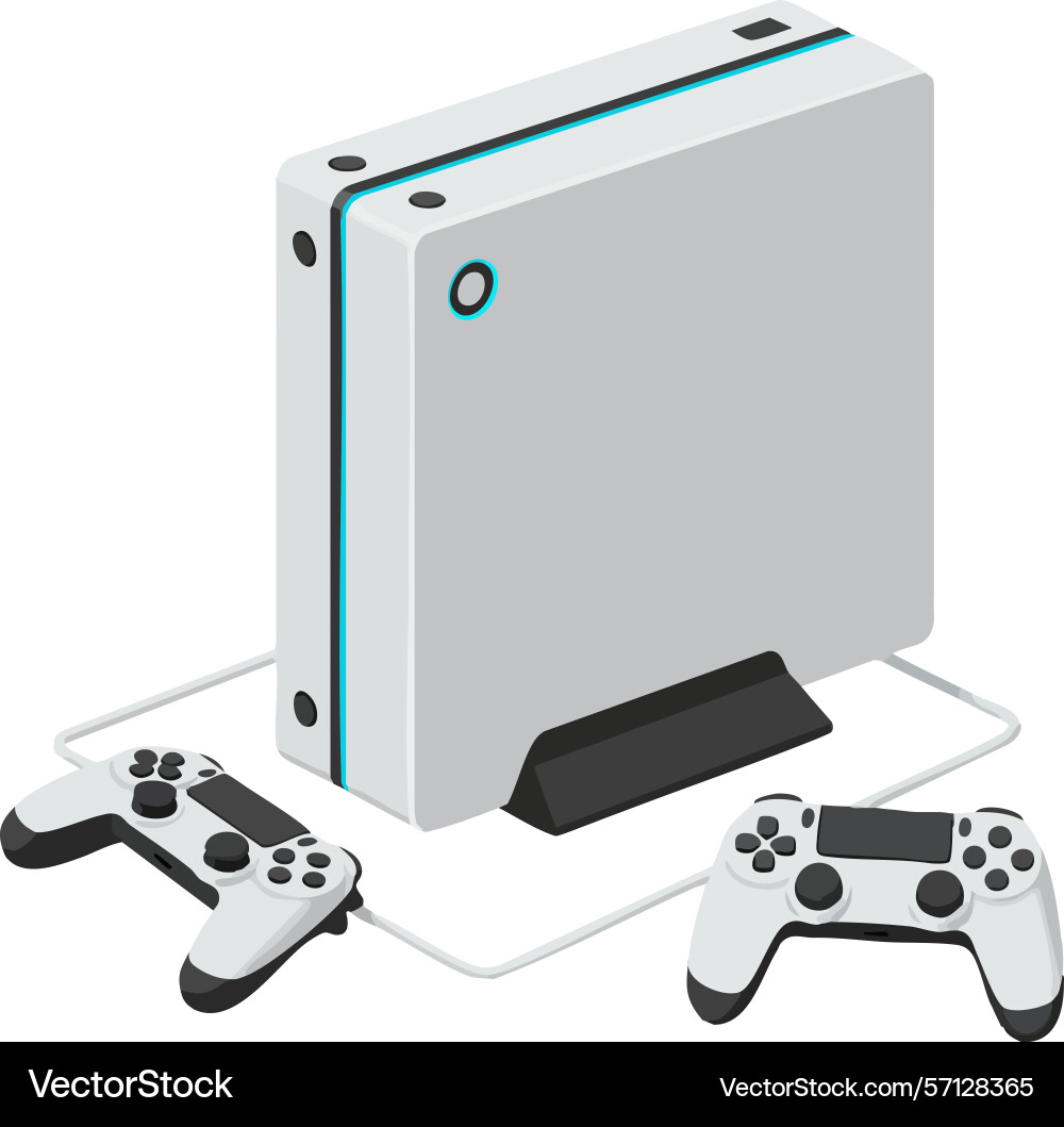 Video game console with two controllers in white Video game console with two controllers in white vector image
