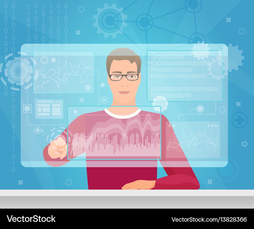A coder looking at the diagrams and touching vector image