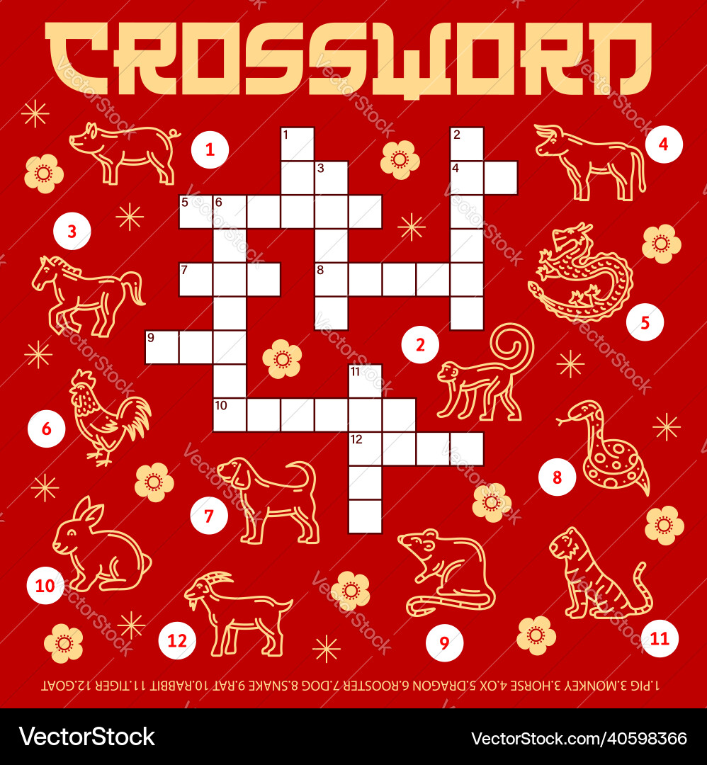 Chinese horoscope animals crossword puzzle game vector image