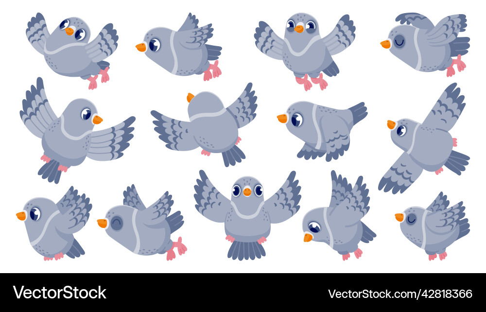 Flying pigeon cartoon bird character in flight Flying pigeon cartoon bird character in flight vector image
