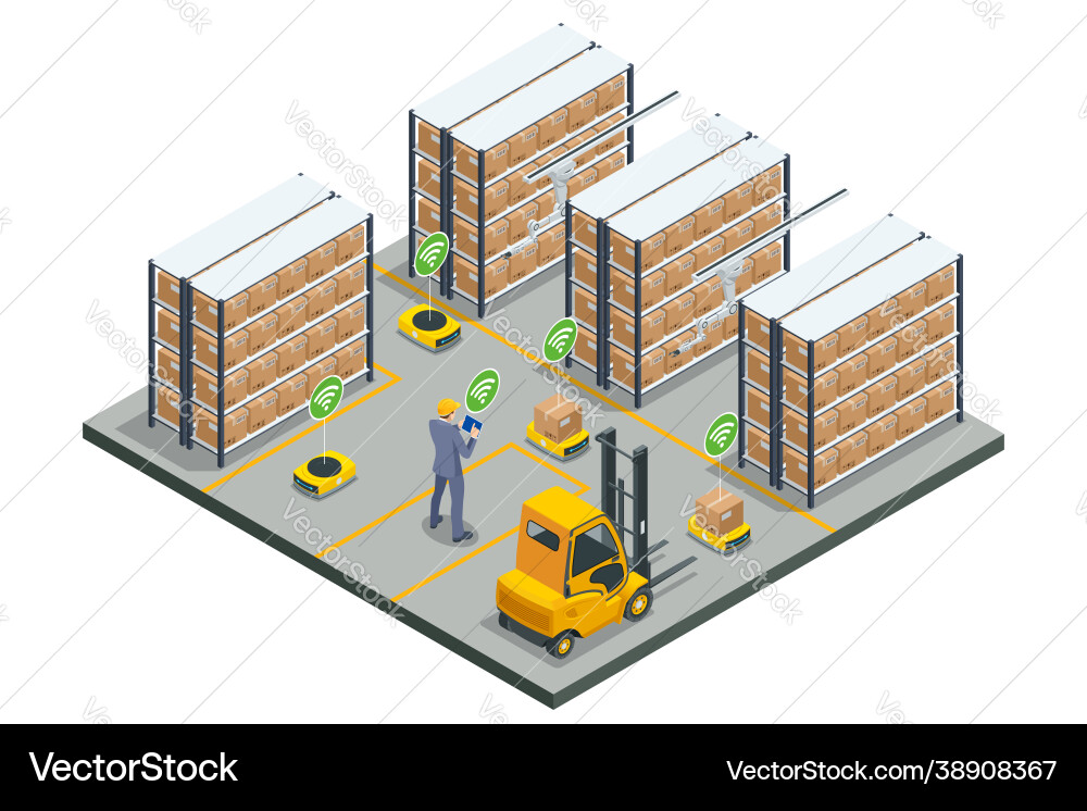 Automated Warehouse Robots - Isometric vector image