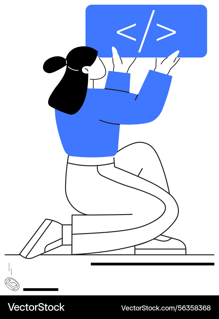 Developer holding coding screen while kneeling vector image