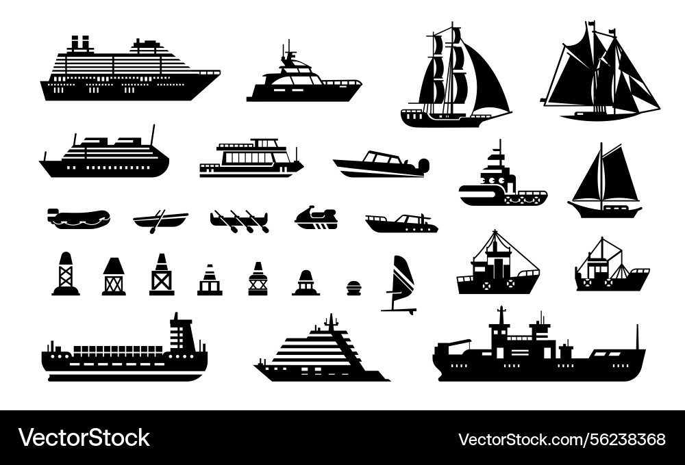 Water transport black silhouette ships and boats Water transport black silhouette ships and boats vector image