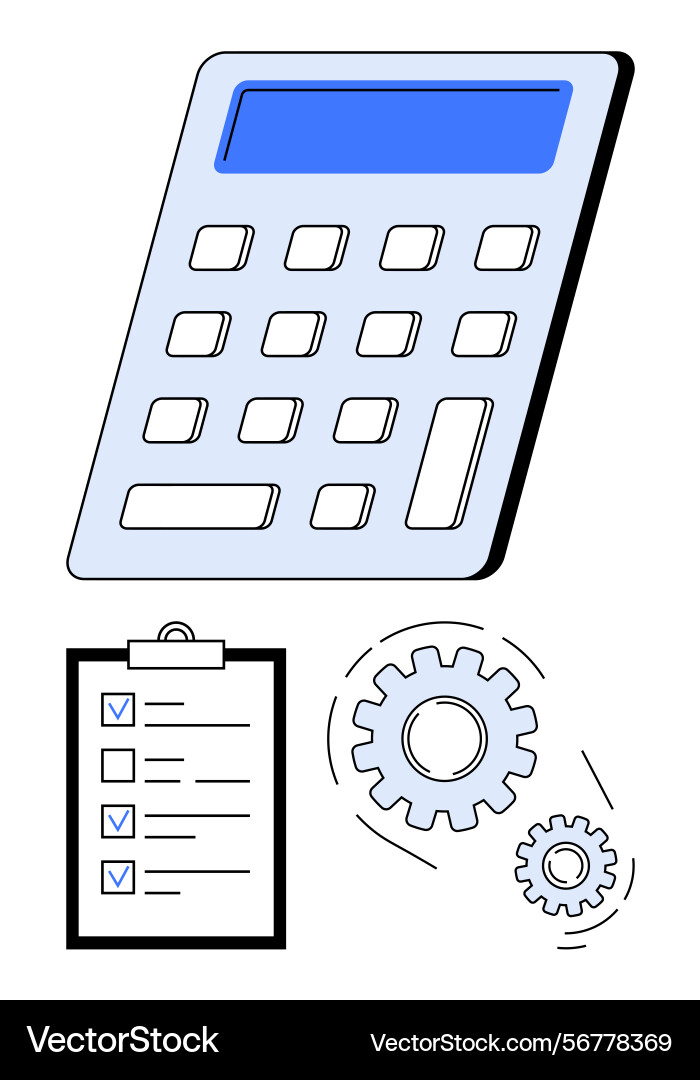 Calculator with checklist and cogs representing Calculator with checklist and cogs representing vector image