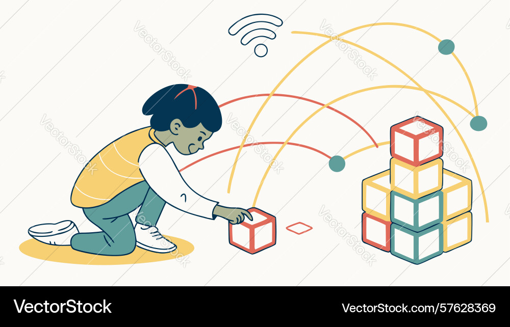 Child connecting digital blocks future learning vector image