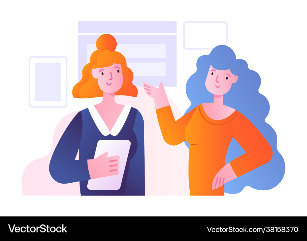 Office scene with two female characters discussing Office scene with two female characters discussing vector image