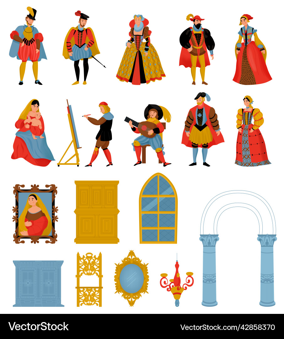 Renaissance old retro fashion style icon set Renaissance old retro fashion style icon set vector image
