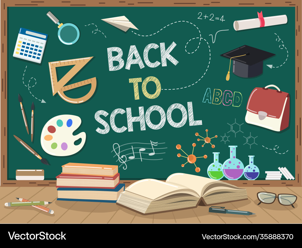 School books wooden table on green chalkboard School books wooden table on green chalkboard vector image