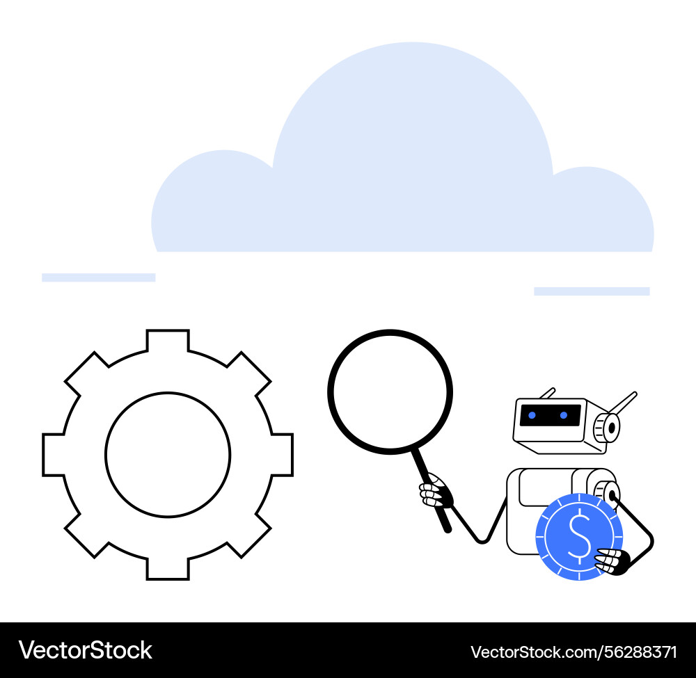 Robot analyzing data with magnifying glass near Robot analyzing data with magnifying glass near vector image