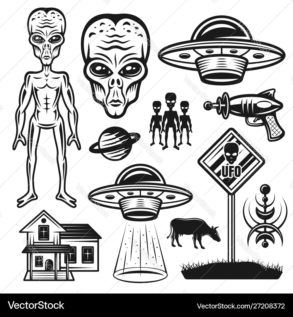 Aliens and ufo set objects or elements Vector Image