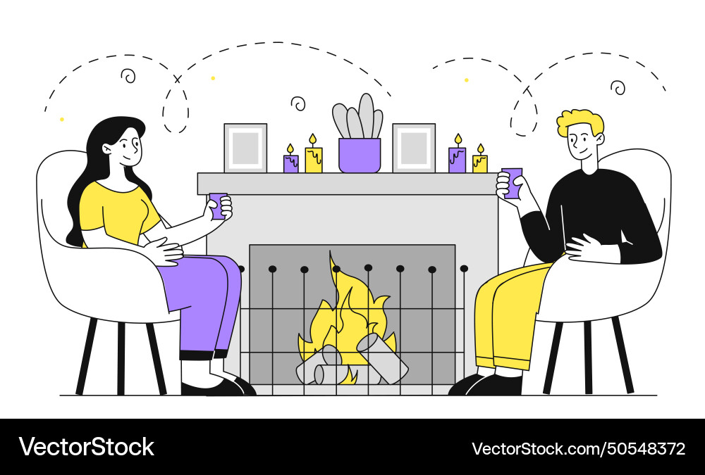 People by fireplace linear vector image