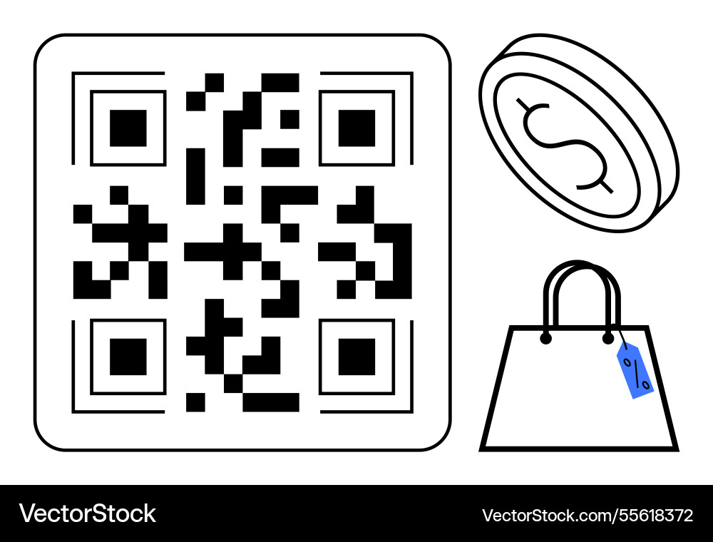 Qr code with coin and shopping bag visualizing Qr code with coin and shopping bag visualizing vector image
