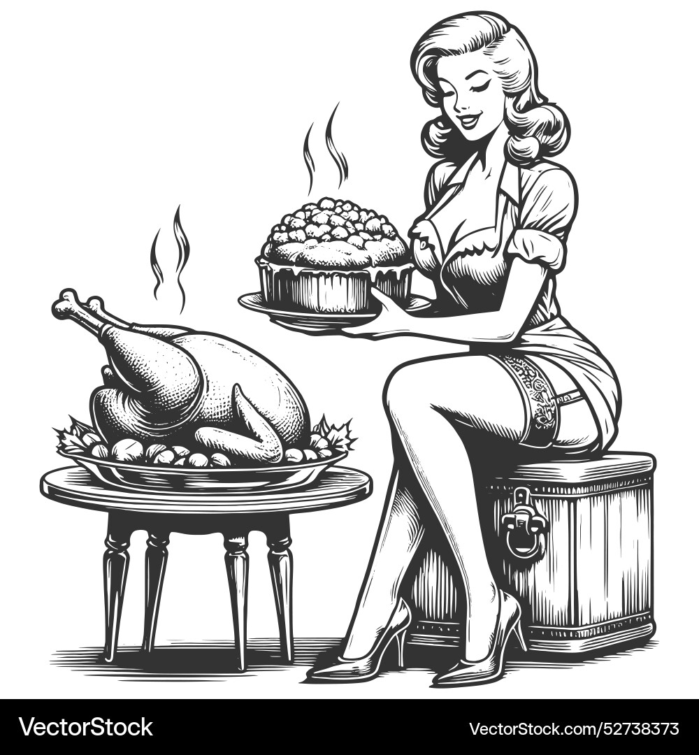 Pin-up girl serving holiday feast Pin-up girl serving holiday feast Vector Image