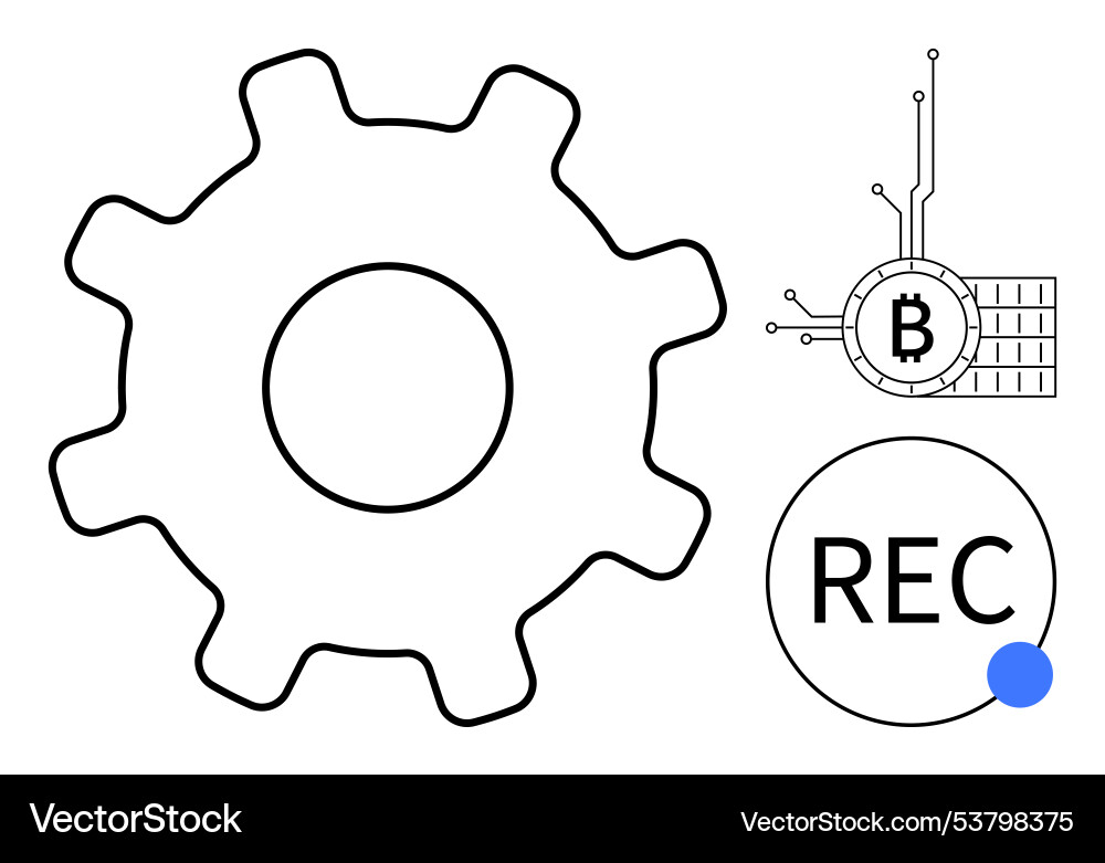 Gear bitcoin symbol and rec button representing Vector Image