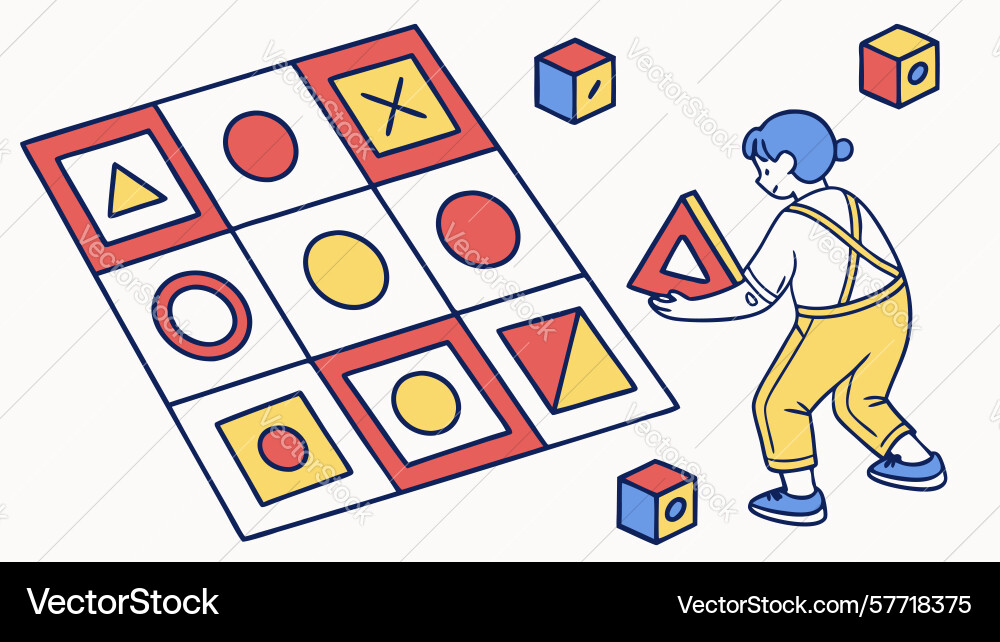 Puzzle solving child with geometric blocks game Vector Image