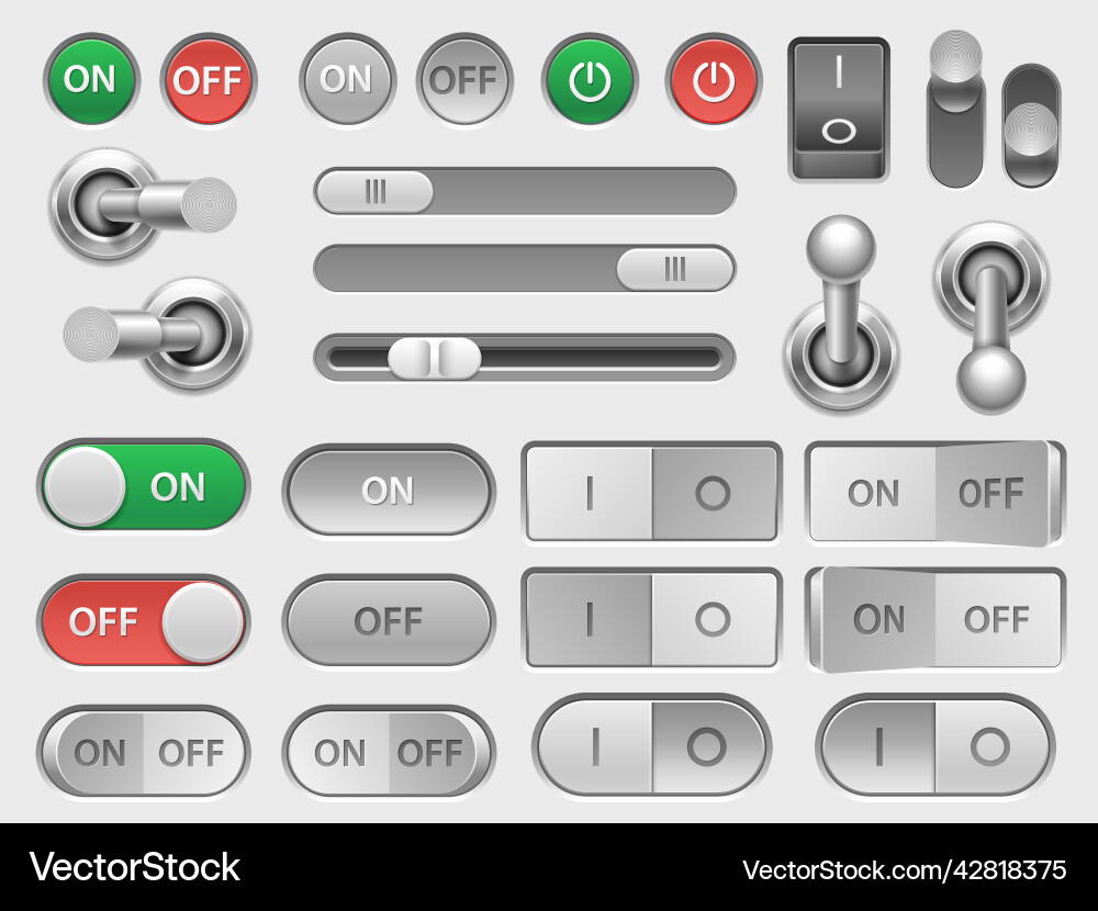 Toggle switch on off slider and adjustable button Toggle switch on off slider and adjustable button Vector Image