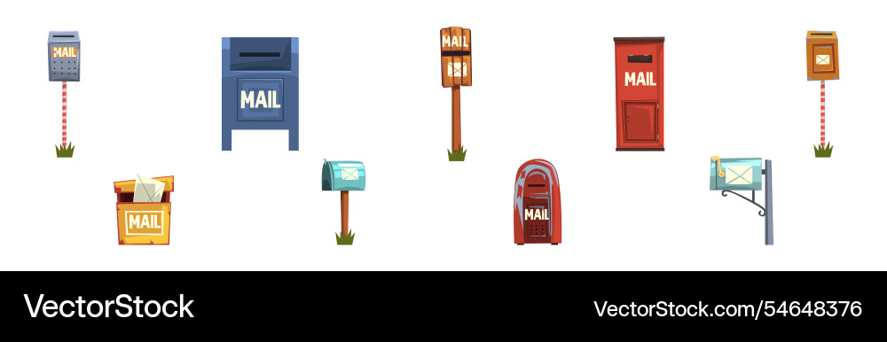 Different mail and post box on pole set Vector Image