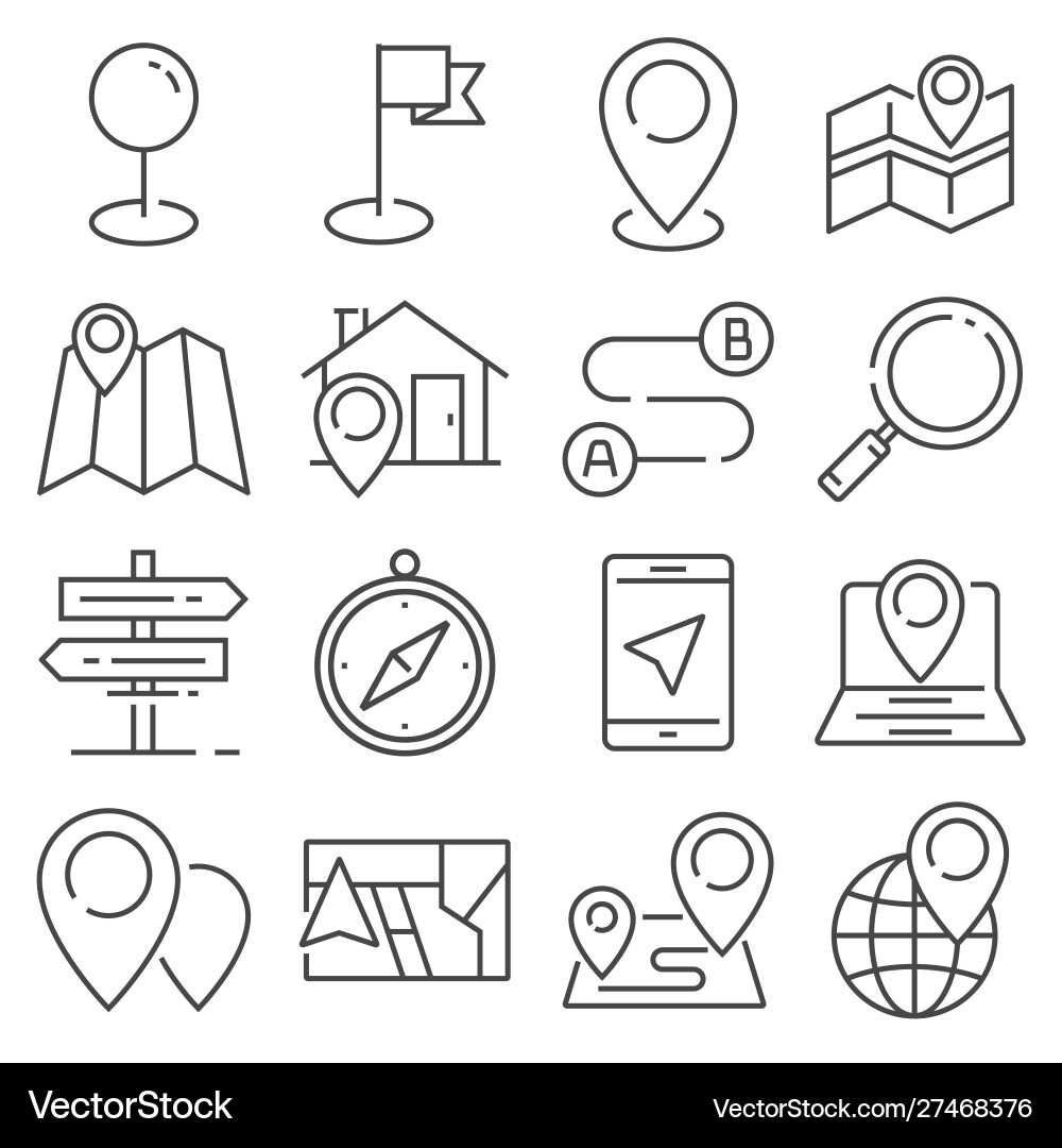 Gray navigation and map line icons vector image