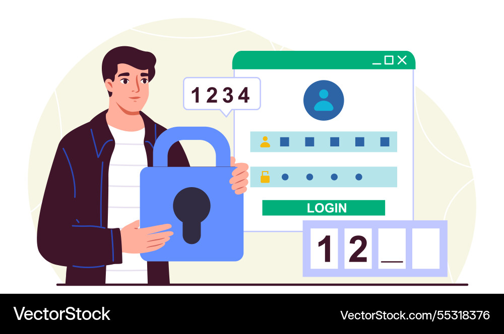 Mann eingegeben Passwort junger Kerl mit padlock geben Mann eingegeben Passwort junger Kerl mit padlock geben vektorbild