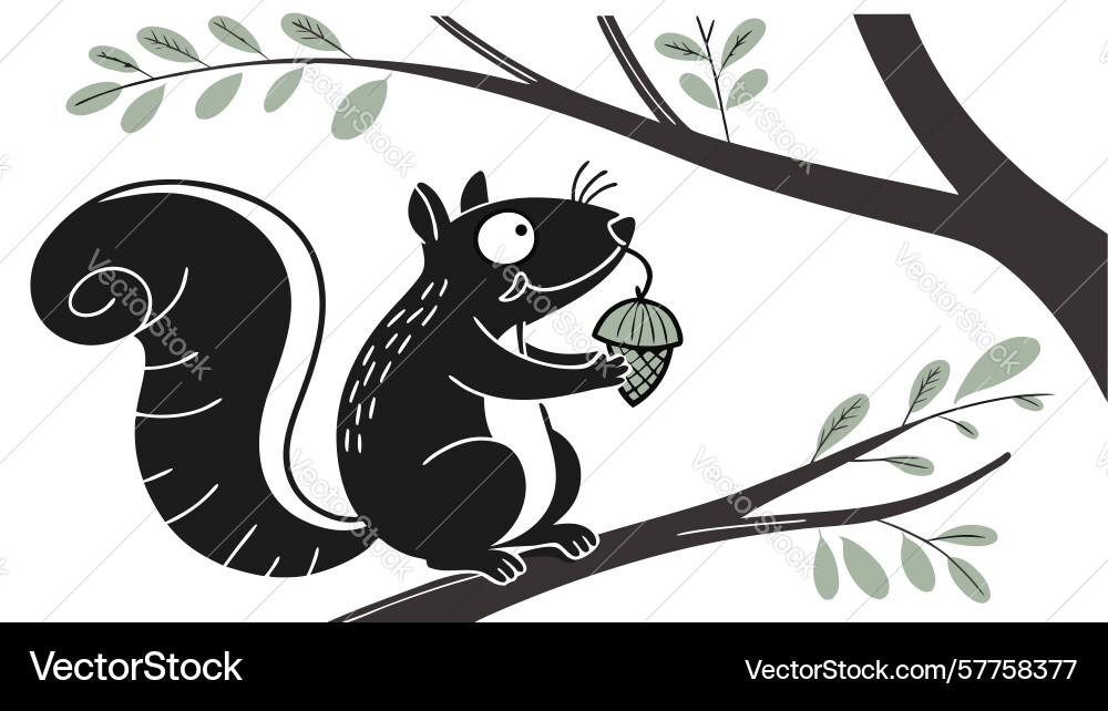 Black squirrel foraging for acorn on tree branch Vector Image