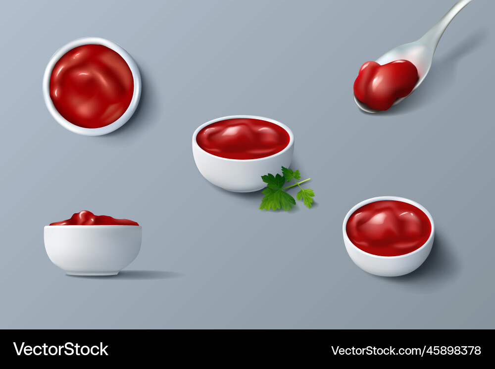 Ketchup bowl realistic tomato sauce top and sides Ketchup bowl realistic tomato sauce top and sides vector image