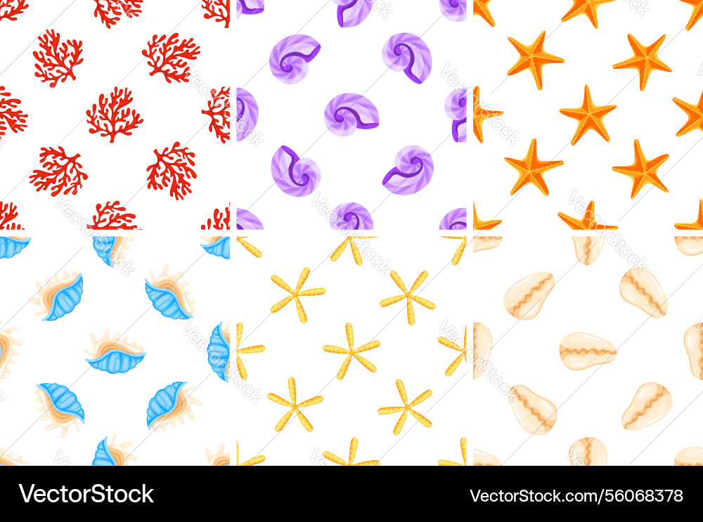 Seamless patterns with colorful seashells corals Seamless patterns with colorful seashells corals vector image
