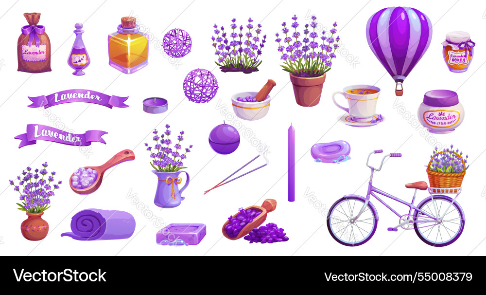 Cartoon lavender cosmetics and care products set Cartoon lavender cosmetics and care products set vector image