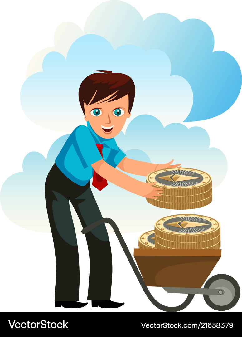 Man with wheelbarrow full of golden coins poster Man with wheelbarrow full of golden coins poster vector image