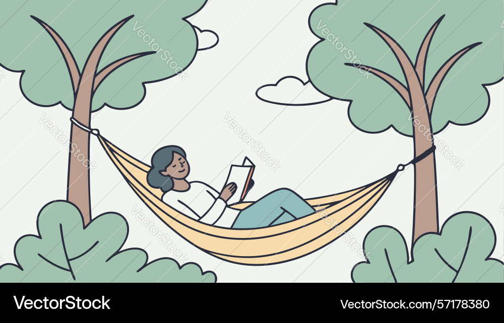 Relaxing read in hammock between lush green trees vector image