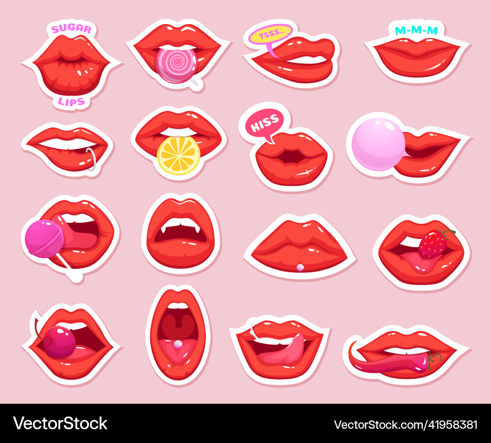 Sexy stickers retro patch girl lips kiss candy Sexy stickers retro patch girl lips kiss candy vector image