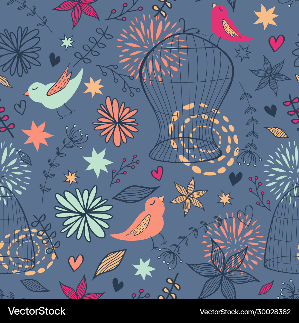 Cute seamless floral pattern with birds cages Cute seamless floral pattern with birds cages vector image