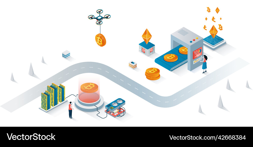Cryptocurrency mining concept 3d isometric web Cryptocurrency mining concept 3d isometric web vector image