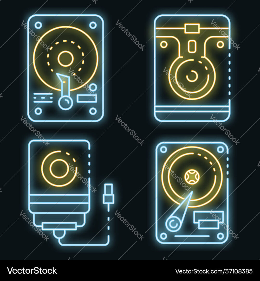 Hard disk icons set neon Hard disk icons set neon vector image