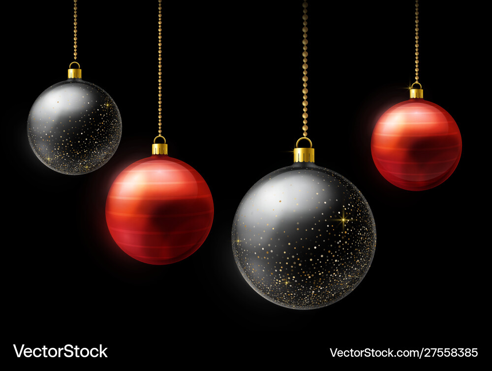 Realistic black and red christmas balls hanging Realistic black and red christmas balls hanging vector image