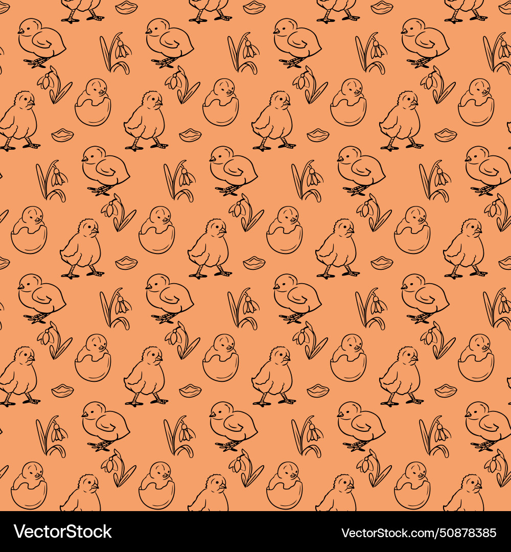 Spring seamless pattern with outline chicks Vector Image