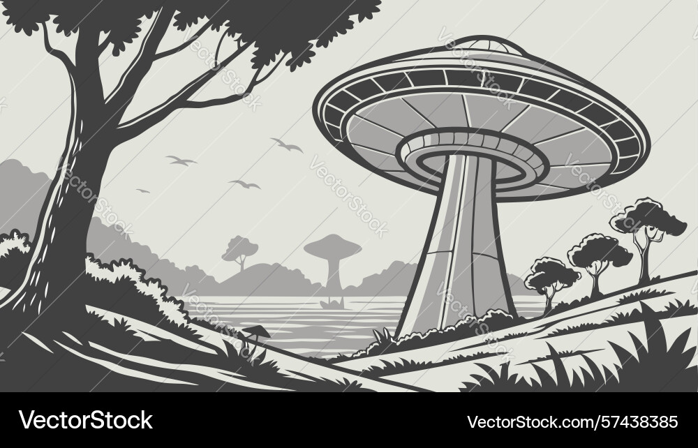 Ufo-like structure in a strange forest design vector image
