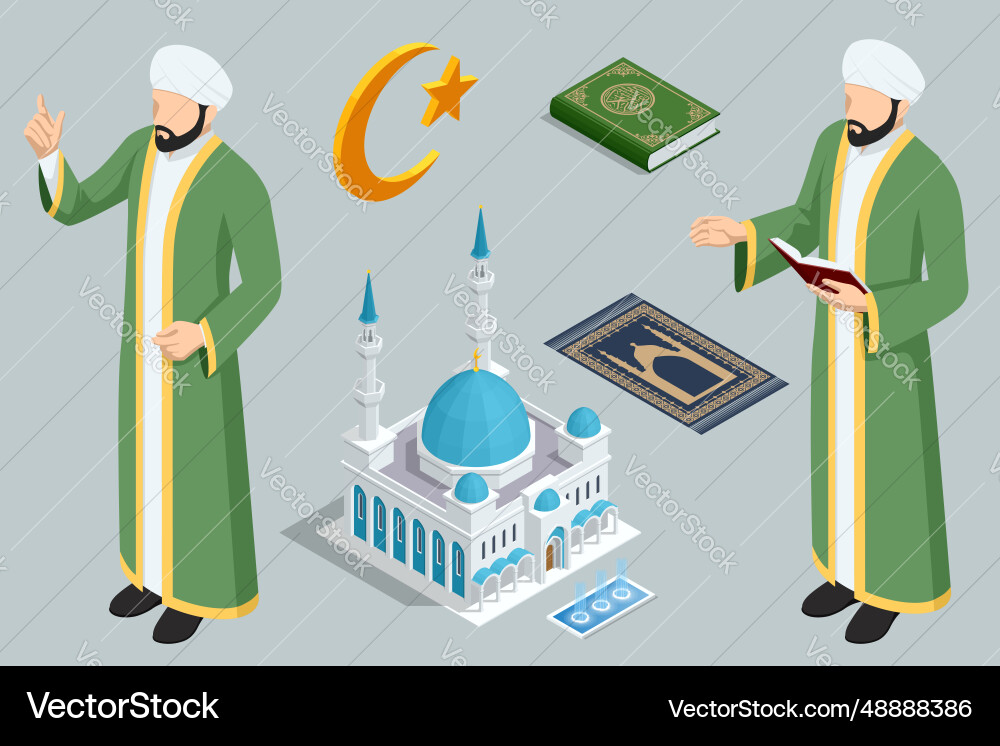 Isometric imam islamic book koran crescent moon vector image