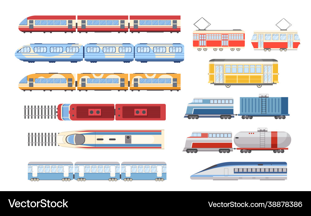 Set train tram and metro top side view city Set train tram and metro top side view city vector image
