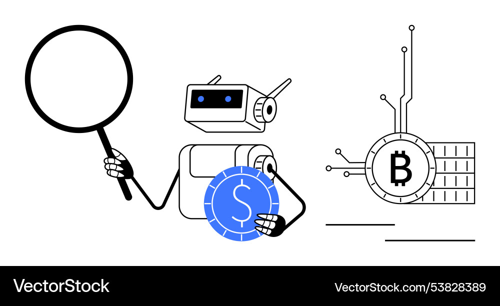 Robot analyzing cryptocurrency with magnifying Robot analyzing cryptocurrency with magnifying vector image
